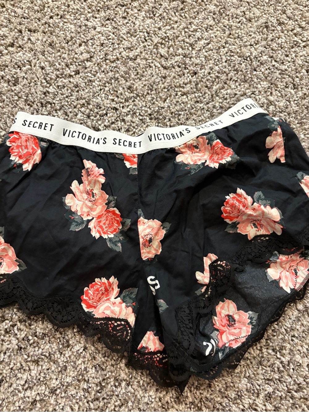 Victoria's Secret Black Floral Lace-Trim Lounge Shorts